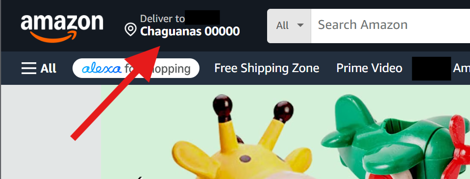 Amazon top navigation bar confirming Trinidad delivery destination