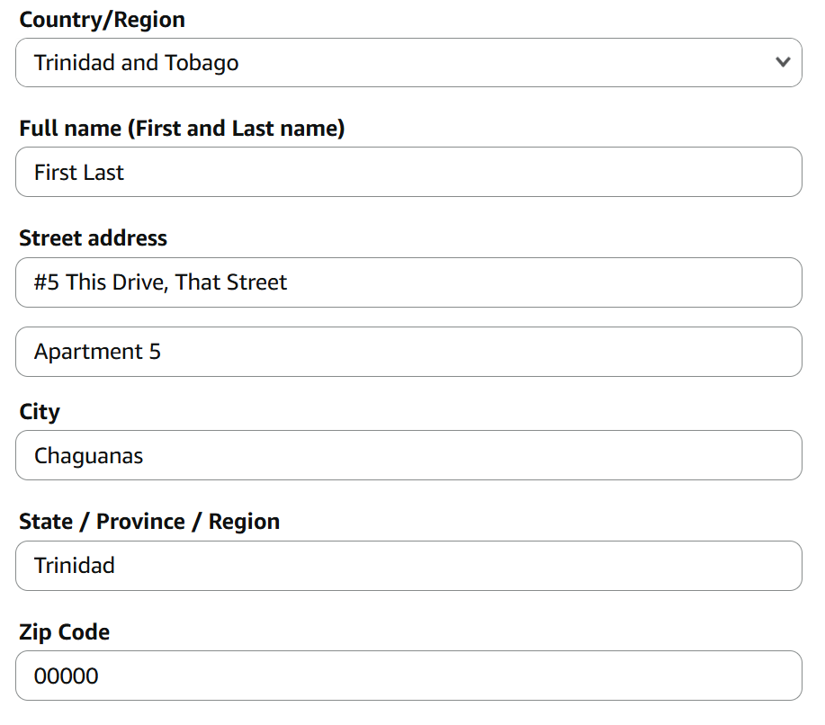 Trinidad address input form on Amazon with sample details